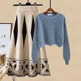 Women Autumn Winter Warm Knitted Two Pieces Sets Korean Long Sleeve Pullover Sweater Top And High Waist Skirts