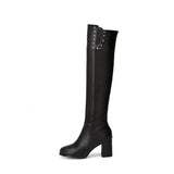 Women Boots Fashion Zipper Thick High Heels Knee High Boots Round Toe Autumn Winter Woman Shoes Size 34-43