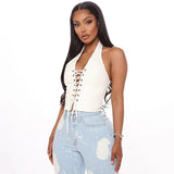 Sexy Women's Sleeveless Vest Solid Color Halter Bandage Lace Up Chest Hollow Out PU Leather Tops for