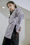 Vintage Purple Puff Sleeve Blouse Women Long Sleeve Frog Stand Collar Asymmetrical Ruched Top Oblique Button Up