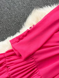 Vintage Rose Red Pleated Party Long Dress Elegant Deep V-Neck High Waist A-Line Draped Maxi Vestiods Female New