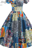 Dress Women Puff Sleeve Swing Vintage Dresses Robe Femme Elegant Floral Print Pin Up Party Dresses