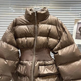 2022 Winter New Arrival Long Fluffy Sleeve Stand Collar Slim Waist Brown Warm Cotton Coat Women