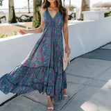 Queens Women Floral Print Sleeveless Beach Camisole Bohemian Maxi Dress Ladies V-neck Polyester Boho Sundress