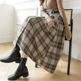 Ladies Vintage Autumn Winter Warm Midi Long Skirt Women Korean Irregular Plaid Mid-Length High Waist Skirt Female