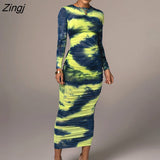 Tie-Dye Print Ruched Christmas Dress For Women Long Sleeve Sexy Bodycon Winter Dress Elastic Pleated Casual Party