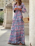 New Women's Printed Short Sleeved Dress with Waist Lace Up Long Large Swing Skirt Bohemian Style Fake Women's Dress