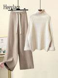 Winter Warm Knitted Suit Women Long Sleeve Half Turtleneck Knitting Sweater And Wide Leg Pants Sets Outer Wear Loose