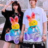 Cute Rainbow Rabbit Graffiti T Shirts Men Women Oversized Short Sleeve Casual Tops Harajuku Street Kawaii Graphic