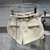 2022 Winter New Arrival Metal Letters Belt Chain Woolen Shorts Women