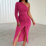 2022 Spring Summer Women High Waist One Shoulder Shirring Split Party Dresses Sexy Bodycon Long Sleeve Bandage Long