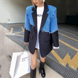 Vintage Denim Spliced Blazer Women's Autumn 2023 New Notched Loose Single Breasted Long Sleeve Suit Coat