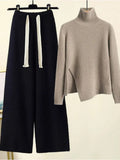 Winter Knitted Set For Women Turtleneck Pullover Knitted Sweater And Wide Leg Pants Two Piece Sets Women Warm Clothing