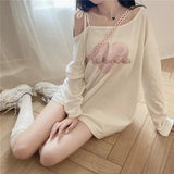Sweet T Shirt Women Sexy Off Shoulder Love Printed Lace Up Long Sleeve Tops Student Kawaii Loose Casual Bandage Chic