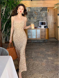 Women Sexy Sequin Strap Dresses 2023 Spring Summer Elegant Vintage Party Club Dress Korean Fashion One Piece