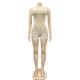 Sexy Diamond Crystal Skinny Short Jumpsuit Women New Stand Long Sleeve See Through Playsuit Night Clubwear