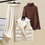 Warm 3 Piece Sets Womens Outfits Office Ladies Turtleneck Knitted Sweater+woolen Parkas Vest+wide Leg Knitting Pants