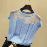 Patchwork Ice Silk Knitted Tops Women O-neck Short Sleeve Summer Tank Tops Pullover Fashion Casual Blouse Blusas