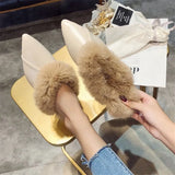 Animal Fur Slides Slippers Women Lady Natural Rabbit Mules Flip Flops Female Fluffy Fur Indoor Sandals Plush Shoes