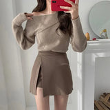 Slit Mini Skirts Women Korean High Waist Solid Irregular Skirts Office Lady Fashion Stretchy Chic Simple A Line Skirts