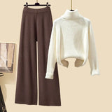 Winter Warm Knitwear Sets For Womens Elegant Turtleneck Sweater+long Knitted Jackets+wide Leg Knitting Pants Sets 2023