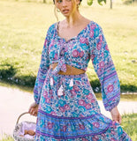 Queens Women Floral Printed V-neck Lace-up Boho Blouse Shirts Ladies Rayon Long Sleeve Bohemian