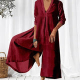 Women Cotton Linen Solid Loose Playsuit Overalls Casual 3/4 Sleeve Offcie Lady Rompers Spring Vintage V Neck Wide Leg