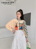2022 Fashion Vintage Peter Pan Collar Blouse Long Sleeve Button Up Shirt Argyle Cartoon Print Batwing Designer