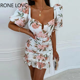 Women Chic Half Lantern Sleeves Ruffles Hem Floral Print with Belt A-line Party Mini Sexy