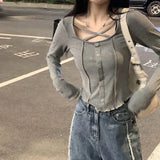 Y2K Women Slim Sexy T Shirt Harajuku Korean Solid Long Sleeve Tops Streetwear Trendy All Match Spring Tees Fashion