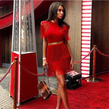 New Summer Women Tassel Bandage Dress Black Red Sexy O Neck Short Sleeve Celebrity Evening Club Mini Party Dresses