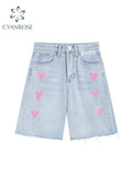 High Waist Knee Length Heart Print Denim Shorts Streetwear Y2K Harajuku Short Pants Female 2022 Summer Baggy Jean