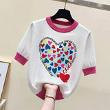 Large 2XL Comfort Cotton Knitted T Shirts Cute Love Heart Print Graphic Tee Korean Japan Fashion Office Ladies Tops