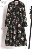 Women Casual Spring Autumn Dress Korean Style Vintage Floral Printed Shirt Dress Long Sleeve Elegant Bow Midi Summer