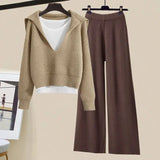 Winter Women Clothing Korean Casual Vest+knitted Sweaters+wide Leg Knitting Wide Leg Pants Sets Ladies Warm Knitwears