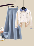 Knitted Two Piece Set Womens Outfits Korean Casual Turn Down Collar Long Sleeve Embroidery Knitted Sweater+skirts