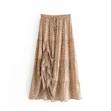 Queens Women Beach Bohemian Leopard Print Fold Design Skirts High Elastic A-Line Boho Maxi Skirt