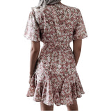 Women Dresses chiffon summer Sexy V Neck Floral Print Boho Beach Dress Short Sleeve A Line Mini Dress Wrap