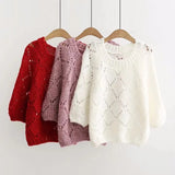 Hollow Japanese College Wind Sweater Women Short Long-sleeved Thin Large Size Solid Round Neck Pullover Jumpers