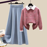 Knitted Two Piece Set Womens Outfits Korean Casual Turn Down Collar Long Sleeve Embroidery Knitted Sweater+skirts