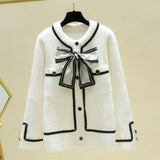 Fall Winter Knitwear Two Piece Sets For Women Outfits French Vintage Fragrance Bow Bandage Knitted Sweater+Plaid Skirt