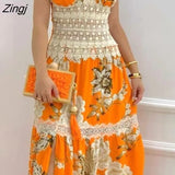 Elegant Spring Summer Boho Style V Neck Floral Print Contrast Lace Split Hem Maxi Dress Holiday Sleeveless Party Long