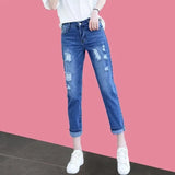 Loose Korean High-waisted Female Student Jeans New Spring and Autumn All-match Slim Slim Beggar Harlan Cropped