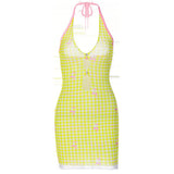 Cute 2000s Aesthetics Yellow Plaid Halter Mesh Dresses Y2K Fashion Sexy Backless Deep V Hollow Out Bodycon Mini