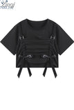 Black Bow Lace Up Gothic Crop Top Women 2023 Summer Streetwear Harajuku Causal Tees Short Sleeve Goth T-Shirt