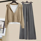 Winter Women Clothing Korean Casual Vest+knitted Sweaters+wide Leg Knitting Wide Leg Pants Sets Ladies Warm Knitwears
