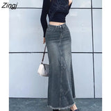 Fall Blue Jean Maxi Skirts For Women Streetwear 2022 High Waist Denim Lon Skirts Ladies Casual Fashion Cargo