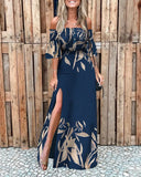 Sexy Women Summer Dress Off Shoulder Smoked Cutout Leaf Print Slit Dress Casual Maxi Dress Chic Party Long