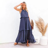 Sexy Blue Ruffled Halter Neck Sleeveless Maxi Dress Casual Women Summer Clothes Streetwear Sundress vestido de mujer