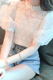 Blouse Women Sweet Stand Collar Elegant Korean Shirt Summer Puff Short Sleeve Tops Flower Crochet Ladies Blusas Mujer